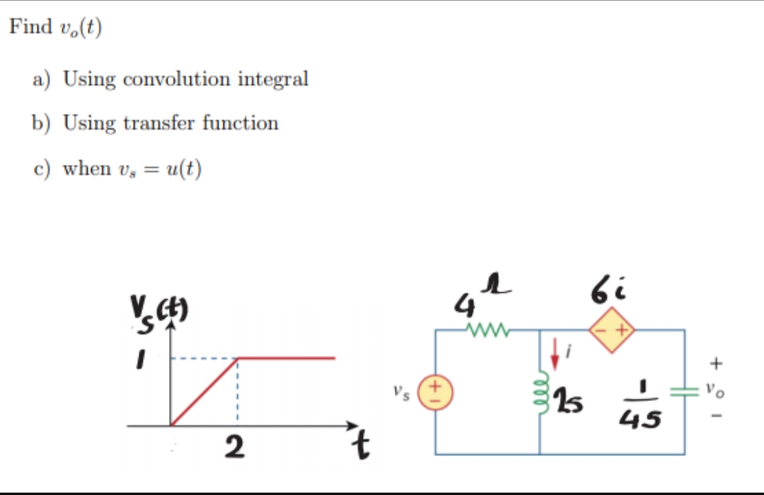 Find vo(t)
a) Using convolution integral
b) Using transfer function
c) when s
= u(t)
4
ww
15
45
2
