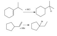 ### Alkene Halogenation Reactions

This image illustrates two alkene halogenation reactions, showing how alkenes react with hydrochloric acid (HCl) and hydrobromic acid (HBr) to form haloalkanes.

#### Reaction 1: Alkene with HCl
- **Reactants**: A cyclic alkene with a methyl group attached reacts with hydrochloric acid (HCl).
- **Product**: The chlorine atom from HCl adds to the tertiary carbon (carbon with the most substituents) in the alkene, forming a chlorine-substituted cyclohexane derivative.

#### Reaction 2: Alkene with HBr
- **Reactants**: A cyclopentene group with a propyl side chain reacts with hydrobromic acid (HBr).
- **Product**: The bromine atom from HBr adds to the secondary carbon of the alkene, generating a bromine-substituted cyclopentane derivative.

These reactions demonstrate the Markovnikov's Rule, where the hydrogen atom from the acid more often bonds to the carbon atom with the greater number of hydrogen atoms 'originally', while the halide (Cl or Br) bonds to the more substituted carbon. This is due to carbocation stability, leading to the regioselectivity observed.