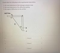 Clearly label the following on the experimental setup below.
1. the exact placement of the hydrogen emission lamp
2. the exact placement of the diffraction grating
3. the angle of diffraction for the red line
red line.
A
1.
(Choose )
(Choose )
3.
(Choose)
