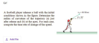 A football player releases a ball with the initial
conditions shown in the figure. Determine the
radius of curvature of the trajectory (a) just
after release and (b) at the apex. For each case,
compute the time rate of change of the speed.
vo = 80 f/sec
- 35
