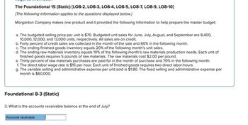 The Foundational 15 (Static) [LO8-2, LO8-3, LO8-4, LO8-5, LO8-7, LO8-9, LO8-10]
[The following information applies to the questions displayed below.]
Morganton Company makes one product and it provided the following information to help prepare the master budget:
a. The budgeted selling price per unit is $70. Budgeted unit sales for June, July, August, and September are 8,400,
10,000, 12,000, and 13,000 units, respectively. All sales are on credit.
b. Forty percent of credit sales are collected in the month of the sale and 60% in the following month.
c. The ending finished goods inventory equals 20% of the following month's unit sales.
d. The ending raw materials inventory equals 10% of the following month's raw materials production needs. Each unit of
finished goods requires 5 pounds of raw materials. The raw materials cost $2.00 per pound.
e. Thirty percent of raw materials purchases are paid for in the month of purchase and 70% in the following month.
f. The direct labor wage rate is $15 per hour. Each unit of finished goods requires two direct labor-hours.
g. The variable selling and administrative expense per unit sold is $1.80. The fixed selling and administrative expense per
month is $60,000.
Foundational 8-3 (Static)
3. What is the accounts receivable balance at the end of July?
Accounts receivable