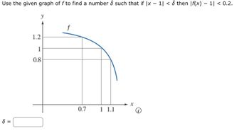 Use the given graph of f to find a number ♂ such that if |x − 1] < ♂ then |f(x) − 1] < 0.2.
-
δ
=
1.2
1
0.8
f
0.7
x
1 1.1