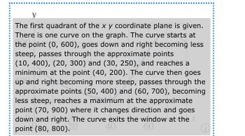 The first quadrant of the x y coordinate plane is given.
There is one curve on the graph. The curve starts at
the point (0, 600), goes down and right becoming less
steep, passes through the approximate points
(10, 400), (20, 300) and (30, 250), and reaches a
minimum at the point (40, 200). The curve then goes
up and right becoming more steep, passes through the
approximate points (50, 400) and (60, 700), becoming
less steep, reaches a maximum at the approximate
point (70, 900) where it changes direction and goes
down and right. The curve exits the window at the XX
point (80, 800).20"
40
60