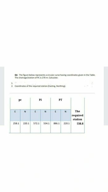 Q1: The figure below represents a circular curve having coordinates given in the Table.
The chainage/station of PC is 270 m. Calculate:
-
1.
2. Coordinates of the required station (Easting, Northing).
pc
PI
PT
E
258.1
N
220.1
E
N
E
N
572.1 534.1 886.1 220.1
The
required
station
538.8