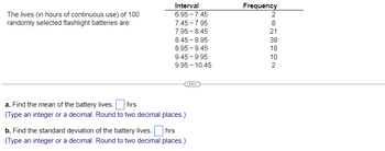 The lives (in hours of continuous use) of 100
randomly selected flashlight batteries are:
Interval
6.95-7.45
7.45-7.95
7.95-8.45
8.45-8.95
8.95-9.45
9.45-9.95
9.95 - 10.45
a. Find the mean of the battery lives. hrs
(Type an integer or a decimal. Round to two decimal places.)
b. Find the standard deviation of the battery lives. hrs
(Type an integer or a decimal. Round to two decimal places.)
Frequency
NONN
2
8
21
39
18
10
2