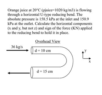 Orange juice at 20°C (pjuice=1020 kg/m3) is flowing
through a horizontal U-type reducing bend. The
absolute pressure is 158.5 kPa at the inlet and 150.9
kPa at the outlet. Calculate the horizontal components
(x and y, but not z) and sign of the force (KN) applied
to the reducing bend to hold it in place.
36 kg/s
Overhead View
d = 10 cm
-0
d = 15 cm
y
X