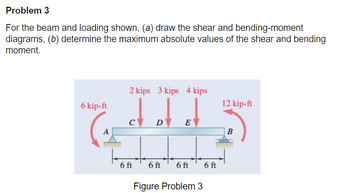 Problem 3
For the beam and loading shown, (a) draw the shear and bending-moment
diagrams, (b) determine the maximum absolute values of the shear and bending
moment.
2 kips 3 kips 4 kips
"(tadt
су D
6 kip.ft
A
6 ft
6 ft
E
6 ft 6 ft
Figure Problem 3
12 kip.ft
B