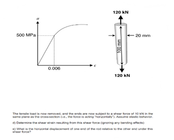 500 MPa
0.006
120 kN
100 mm
- 20 mm
120 kN
The tensile load is now removed, and the ends are now subject to a shear force of 10 KN in the
same plane as the cross-section (i.e., the force is acting "horizontally"). Assume elastic behavior.
d) Determine the shear strain resulting from this shear force (ignoring any bending effects)
e) What is the horizontal displacement of one end of the rod relative to the other end under this
shear force?