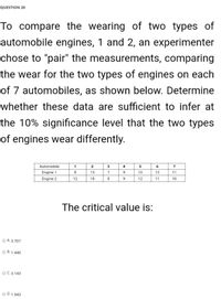 QUESTION 20
To compare the wearing of two types of
automobile engines, 1 and 2, an experimenter
chose to "pair" the measurements, comparing
the wear for the two types of engines on each
of 7 automobiles, as shown below. Determine
whether these data are sufficient to infer at
the 10% significance level that the two types
of engines wear differently.
Automobile
Engine 1
Engine 2
1
2
3
4
6
8
15
7
9.
10
13
11
12
18
8
9
12
11
10
The critical value is:
A. 3,707
B. 1.440
C. 3.143
D. 1.943
