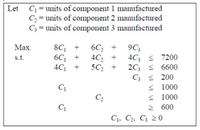 Let C = units of component 1 manufactured
C, = units of component 2 manufactured
C; = units of component 3 manufactured
8C; +
6C; +
4C; +
Маx
6C, +
4C, +
5C, +
9C;
4C; s 7200
2C; s 6600
C; s 200
s 1000
S 1000
2 600
C1, C2, C; 20
s.t.
