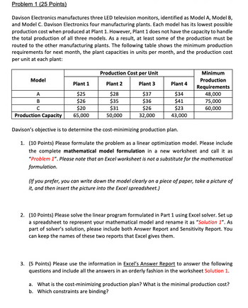 Answered: Problem 1 (25 Points) Davison Electronics manufactures three ...