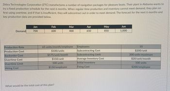 Zebra Technologies Corporation (ZTC) manufactures a number of navigation packages for pleasure boats. Their plant in Alabama wants to
try a fixed production schedule for the next 6 months. When regular-time production and inventory cannot meet demand, they plan on
first using overtime, and if that is insufficient, they will subcontract out in order to meet demand. The forecast for the next 6 months and
key production data are provided below.
Demand
Production Rate
Production Cost
Backorder Cost
Overtime Cost
Overtime Limit
Hiring Cost
Jan
700
Feb
600
Mar
400
65 units/month/employee
$100/units
$175/unit/month
$150/unit
100 units
$150/employee
What would be the total cost of this plan?
Apr
650
Employees
Subcontracting Cost
Subcontracting Limit
May
850
Average Inventory Cost
Initial Inventory
Firing Cost
Jun
1,000
10
$200/unit
200 units maximum
$20/unit/month
100 units
$200/employee