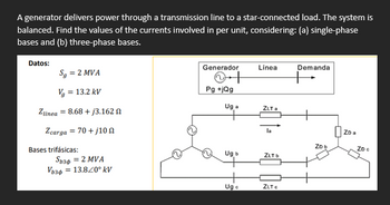 A generator delivers power through a transmission line to a star-connected load. The system is
balanced. Find the values of the currents involved in per unit, considering: (a) single-phase
bases and (b) three-phase bases.
Datos:
S₁ = 2 MVA
Vg
= 13.2 kV
Generador
++
Linea
Demanda
Pg+jQg
Uga
ZLT a
Zlinea 8.68+j3.162
Zcarga = 70+/10
la
ZDa
ZD b
ZD€
Bases trifásicas:
Ug b
ZLT b
Sb36 = 2 MVA
Vb34 = 13.820° kV
Ugo
ZLTC