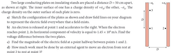 Two large conducting plates on insulating stands are placed a distance D = 50 cm apart,
as shown at right. The inner surface of one has a charge density of +00; the other, -0. The
charge density on the outer surface of each plate is zero.
a) Sketch the configuration of the plates as shown and draw field lines on your diagram
to represent the electric field everywhere that a field exists.
b) An electron is released at point 1 and accelerates to the right. When the electron
reaches point 2, its horizontal component of velocity is equal to 1.45 x 106 m/s. Find the
voltage difference between the two plates.
c) Find the magnitude of the electric field at a point halfway between points 1 and 2.
d) How much work must be done by an external agent to move an electron from rest at
point 2 to rest at point 3?
D
ů
D
+%