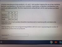 A factory manufactures three products, A, B, and C. Each product requires the use of two machines,
Machine I and Machine II. The total hours available, respectively, on Machine I and Machine Il per
month are 8,080 and 8,350. The time requirements and profit per unit for each product are listed
below.
A
Machine I
10
10
Machine II 6
10
12
Profit
$10 $16 $18
How many units of each product should be manufactured to maximize profit, and what Is the
maximum profit?
Start by setting up the linear programming problem, with A, B, and C representing the number of
units of each product that are produced.
Maximize P%3=
subject to:
