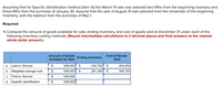 Assuming that for Specific identification method (item 1d) the March 14 sale was selected two-fifths from the beginning inventory and
three-fifths from the purchase of January 30. Assume that the sale of August 31 was selected from the remainder of the beginning
inventory, with the balance from the purchase of May 1.
Required:
1. Compute the amount of goods available for sale, ending inventory, and cost of goods sold at December 31 under each of the
following inventory costing methods: (Round intermediate calculations to 2 decimal places and final answers to the nearest
whole dollar amount.)
Amount of Goods
Cost of Goods
Ending Inventory
Available for Sale
Sold
638,000 $
638,000 $
Last-in, first-out
$
234,750 $
403,250
a.
b. Weighted average cost
$
281,300 $
356,700
c. First-in, first-out
$
638,000
d. Specific identification
$
638,000
