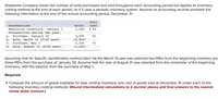 Gladstone Company tracks the number of units purchased and sold throughout each accounting period but applies its inventory
costing method at the end of each period, as if it uses a periodic inventory system. Assume its accounting records provided the
following information at the end of the annual accounting period, December 31.
Unit
Transactions
Units
Cost
$ 45
Beginning inventory, January 1
Transactions during the year:
Purchase, January 30
Sale, March 14 ($100 each)
Purchase, May 1
Sale, August 31 ($100 each)
3,200
4,550
(2,850)
3,250
(3,300)
а.
55
b.
с.
75
d.
Assuming that for Specific identification method (item 1d) the March 14 sale was selected two-fifths from the beginning inventory and
three-fifths from the purchase of January 30. Assume that the sale of August 31 was selected from the remainder of the beginning
inventory, with the balance from the purchase of May 1.
Required:
1. Compute the amount of goods available for sale, ending inventory, and cost of goods sold at December 31 under each of the
following inventory costing methods: (Round intermediate calculations to 2 decimal places and final answers to the nearest
whole dollar amount.)
