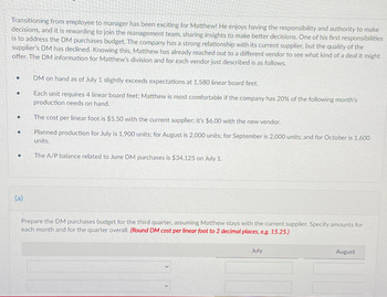 Transitioning from employee to manager has been exciting for Matthew! He enjoys having the responsibility and authority to make
decisions, and it is rewarding to join the management team, sharing insights to make better decisions. One of his first responsibilities
is to address the DM purchases budget. The company has a strong relationship with its current supplier, but the quality of the
supplier's DM has declined. Knowing this, Matthew has already reached out to a different vendor to see what kind of a deal it might
offer. The DM information for Matthew's division and for each vendor just described is as follows.
●
●
●
●
●
(a)
DM on hand as of July 1 slightly exceeds expectations at 1,580 linear board feet.
Each unit requires 4 linear board feet; Matthew is most comfortable if the company has 20% of the following month's
production needs on hand.
The cost per linear foot is $5.50 with the current supplier; it's $6.00 with the new vendor.
Planned production for July is 1,900 units; for August is 2,000 units; for September is 2,000 units; and for October is 1,600
units.
The A/P balance related to June DM purchases is $34,125 on July 1.
Prepare the DM purchases budget for the third quarter, assuming Matthew stays with the current supplier. Specify amounts for
each month and for the quarter overall. (Round DM cost per linear foot to 2 decimal places, e.g. 15.25.)
July
August