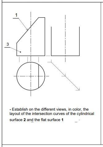3
- Establish on the different views, in color, the
layout of the intersection curves of the cylindrical
surface 2 and the flat surface 1
