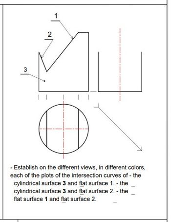 3
2
1
- Establish on the different views, in different colors,
each of the plots of the intersection curves of the
cylindrical surface 3 and flat surface 1. - the
cylindrical surface 3 and flat surface 2. - the
flat surface 1 and flat surface 2.