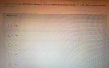 **Understanding Accounts Receivable Turnover**

In financial analysis, one of the key metrics is the accounts receivable turnover ratio, which helps determine how efficiently a company is collecting its receivables. 

**Problem Statement:**

A company had net sales of $570,000, total sales of $720,000, and average accounts receivable (net) of $81,500. The accounts receivable turnover is calculated to determine how many times, on average, the company collects its receivables during the year.

**Multiple Choice Question:**

Calculate the company's accounts receivable turnover using the following options:

- 8.83
- 6.99
- 0.79
- 0.14
- 0.11

**Explanation:**

The accounts receivable turnover ratio is calculated with the formula:

\[ \text{Accounts Receivable Turnover} = \frac{\text{Net Sales}}{\text{Average Accounts Receivable}} \]

Given:
- Net Sales = $570,000
- Average Accounts Receivable = $81,500

By substituting the values into the formula:

\[ \text{Accounts Receivable Turnover} = \frac{570,000}{81,500} \approx 7 \]

Therefore, the correct answer is close to 6.99. This ratio helps in understanding how efficiently the company is managing and collecting its accounts receivable, which is crucial for maintaining healthy cash flow.