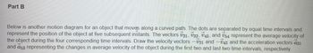 Part B
Below is another motion diagram for an object that moves along a curved path. The dots are separated by equal time intervals and
represent the position of the object at five subsequent instants. The vectors U21, 32, 43, and 54 represent the average velocity of
the object during the four corresponding time intervals. Draw the velocity vectors -V21 and -V43 and the acceleration vectors a31
and a53 representing the changes in average velocity of the object during the first two and last two time intervals, respectively.