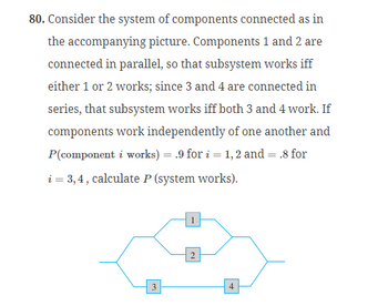 80. Consider the system of components connected as in
the accompanying picture. Components 1 and 2 are
connected in parallel, so that subsystem works iff
either 1 or 2 works; since 3 and 4 are connected in
series, that subsystem works iff both 3 and 4 work. If
components work independently of one another and
P(component i works) = .9 for i=1,2 and = .8 for
i = 3, 4, calculate P (system works).
3
4