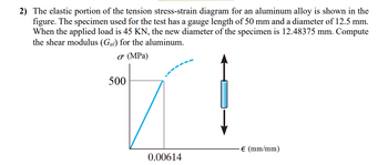 2) The elastic portion of the tension stress-strain diagram for an aluminum alloy is shown in the
figure. The specimen used for the test has a gauge length of 50 mm and a diameter of 12.5 mm.
When the applied load is 45 KN, the new diameter of the specimen is 12.48375 mm. Compute
the shear modulus (Gal) for the aluminum.
σ (MPa)
500
71
0.00614
€ (mm/mm)