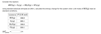 Consider the reaction:
4HCl(g) + O₂(g) → 2H₂O(g) + 2Cl₂ (g)
Using standard absolute entropies at 298 K, calculate the entropy change for the system when 1.69 moles of HCl(g) react at
standard conditions.
AS⁰
Substance So (J/K mol)
HCl(g)
186.9
O2(g)
205.1
H₂O(g)
188.8
Cl₂ (g)
223.1
system
=
J/K