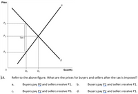 Price
P2
Тах
Po-
Quantity
|18.
Refer to the above figure. What are the prices for buyers and sellers after the tax is imposed?
Buyers pay PO and sellers receive P1.
b.
Buyers pay P1 and sellers receive P1.
а.
Buyers pay P2 and sellers receive PO.
d.
Buyers pay P2 and sellers receive P1.
C.
