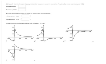 (b) Analytically determine the location of any asymptotes. (Enter your answers as a comma-separated list of equations. If an answer does not exist, enter DNE.)
vertical asymptotes
horizontal asymptotes
Analytically determine the location of any extrema. (If an answer does not exist, enter DNE.)
relative maximum (x,y) =
relative minimum (x, y) =
(c) Graph the function in a viewing window that shows all features of the graph.
y
y
0.06
0.04
MY
0.02
-100
100
-0.02
-100
0.06
-100
0.04
0.02
y
100
200
0.02
100
200
+
0.02
-0.04/
-0.06
300
300
X
X
200
300
X
- 100
y
-0.02
-0.04
-0.06
100
200
300
X