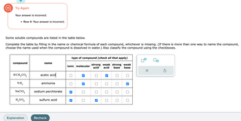 Try Again
Your answer is incorrect.
• Row 4: Your answer is incorrect.
Some soluble compounds are listed in the table below.
Complete the table by filling in the name or chemical formula of each compound, whichever is missing. (If there is more than one way to name the compound,
choose name used when the compound is dissolved in water.) Also classify the compound using
checkboxes.
compound
HCH₂ CO₂
NH₂
NaClO4
H₂SO4
Explanation
name
acetic acid
ammonia
sodium perchlorate
sulfuric acid
Recheck
type of compound (check all that apply)
strong weak strong weak
acid acid base base
ionic molecular
>
0
0
S