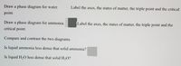 Draw a phase diagram for water.
Label the axes, the states of matter, the triple point and the critical
point.
Draw a phase diagram for ammonia.
Label the axes, the states of matter, the triple point and the
critical point.
Compare and contrast the two diagrams.
Is liquid ammonia less dense that solid ammonia?
Is liquid H2O less dense that solid H2O?
