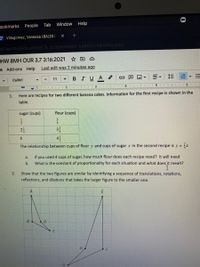 Fookmarks
People
Tab
Window
Help
E Villagomez, Vanessa (8A/202
X +
d/1go3XxSS1ILw6tDECK SL9plbWqld0-69865 LMK5B40/edit
HW 8MH OUR 3.7 3:16:2021
s Add-ons Help
Last edit was 2 minutes ago
BIUA
田
Calibri
11
2
3
5 I| I6
1.
Here are recipes for two different banana cakes. Information for the first recipe is shown in the
table.
sugar (cups)
flour (cups)
3
The relationship between cups of flour y and cups of sugar x in the second recipe is y = x
If you used 4 cups of sugar, how much flour does each recipe need? It will need
What is the constant of proportionality for each situation and what does it mean?
a.
b.
2.
Show that the two figures are similar by identifying a sequence of translations, rotations,
reflections, and dilations that takes the larger figure to the smaller one.
A
E
B
!!
