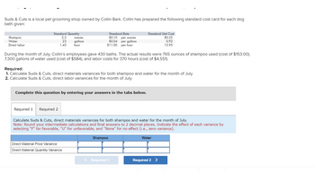 Suds & Cuts is a local pet grooming shop owned by Collin Bark. Collin has prepared the following standard cost card for each dog
bath given:
Shampoo
Water
Direct labor
Standard Quantity
2.5
23
1.45
ounces
gallons
hour
Standard Rate
$0.10 per ounces
$0.04 per gallons
$11.00 per hour
During the month of July, Collin's employees gave 430 baths. The actual results were 765 ounces of shampoo used (cost of $153.00),
7,300 gallons of water used (cost of $584), and labor costs for 370 hours (cost of $4,551).
Required 1 Required 2
Required:
1. Calculate Suds & Cuts, direct materials variances for both shampoo and water for the month of July.
2. Calculate Suds & Cuts, direct labor variances for the month of July.
Complete this question by entering your answers in the tabs below.
Direct Material Price Variance
Direct Material Quantity Variance
Standard Unit Cost
$0.25
0.92
15.95
Calculate Suds & Cuts, direct materials variances for both shampoo and water for the month of July.
Note: Round your intermediate calculations and final answers to 2 decimal places. Indicate the effect of each variance by
selecting "F" for favorable, "U" for unfavorable, and "None" for no effect (i.e., zero variance).
Shampoo
< Required 1
Water
Required 2 >