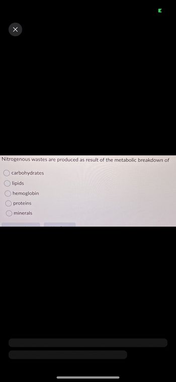 X
Nitrogenous wastes are produced as result of the metabolic breakdown of
carbohydrates
lipids
hemoglobin
proteins
O minerals