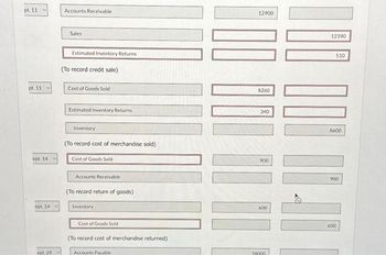 pt. 11 v
pt. 11 v
ept. 14
ept 14
ept. 29
V
Accounts Receivable
Sales
Estimated Inventory Returns
(To record credit sale)
Cost of Goods Sold
Estimated Inventory Returns
Inventory
(To record cost of merchandise sold)
Cost of Goods Sold
Accounts Receivable
(To record return of goods)
Inventory
Cost of Goods Sold
(To record cost of merchandise returned)
Accounts Payable
100 000 10 11
12900
8260
340
900
600
18000
12390
1000-40
8600
900