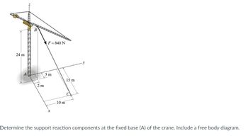 24 m
A
B
2 m
F = 840 N
3 m
380
X
10 m
15 m
Determine the support reaction components at the fixed base (A) of the crane. Include a free body diagram.