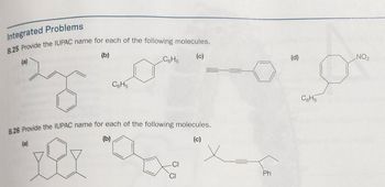 Integrated Problems
B.25 Provide the IUPAC name for each of the following molecules.
(b)
C6H5
(b)
C6H5
B.26 Provide the IUPAC name for each of the following molecules.
-CI
(c)
CI
(c)
Ph
(d)
C6H5
NO₂