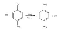 ### Chemical Reaction Scheme

**Diagram Description:**

The diagram depicts a chemical reaction involving a benzene ring with substituents undergoing a substitution reaction.

**Details of the Reaction:**

1. **Starting Material:**
   - **Structure:** The starting material is a benzene ring.
   - **Substituents:**
     - A chlorine atom (Cl) attached at the first position of the benzene ring.
     - A nitro group (NO₂) attached at the third position of the benzene ring.

2. **Reagent and Conditions:**
   - The reagent used is an amine anion (NH₂^−).
   - The reaction occurs at a temperature of 100°C.

3. **Reaction Process:**
   - The chlorine atom (Cl) on the benzene ring is replaced by an amine group (NH₂).

4. **Products:**
   - The resulting product is a benzene ring with:
     - An amine group (NH₂) attached at the first position.
     - A nitro group (NO₂) attached at the third position.
   - A chloride ion (Cl^−) is also produced as a byproduct.

This reaction showcases an example of nucleophilic aromatic substitution, where a leaving group on the aromatic ring (chlorine) is replaced by a nucleophile (NH₂^−), resulting in the formation of an amine-substituted benzene.