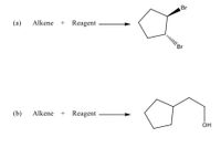 (a) Alkene + Reagent → 

The diagram depicts a cyclopentane ring with two bromine atoms attached to adjacent carbons. One bromine atom is represented with a bold wedge (indicating it is coming out of the plane), while the other bromine atom is represented with a dashed wedge (indicating it is going into the plane), showing the stereochemistry.

(b) Alkene + Reagent → 

This diagram shows a cyclopentyl group attached to a two-carbon chain with an alcohol (OH) group at the end of the chain.