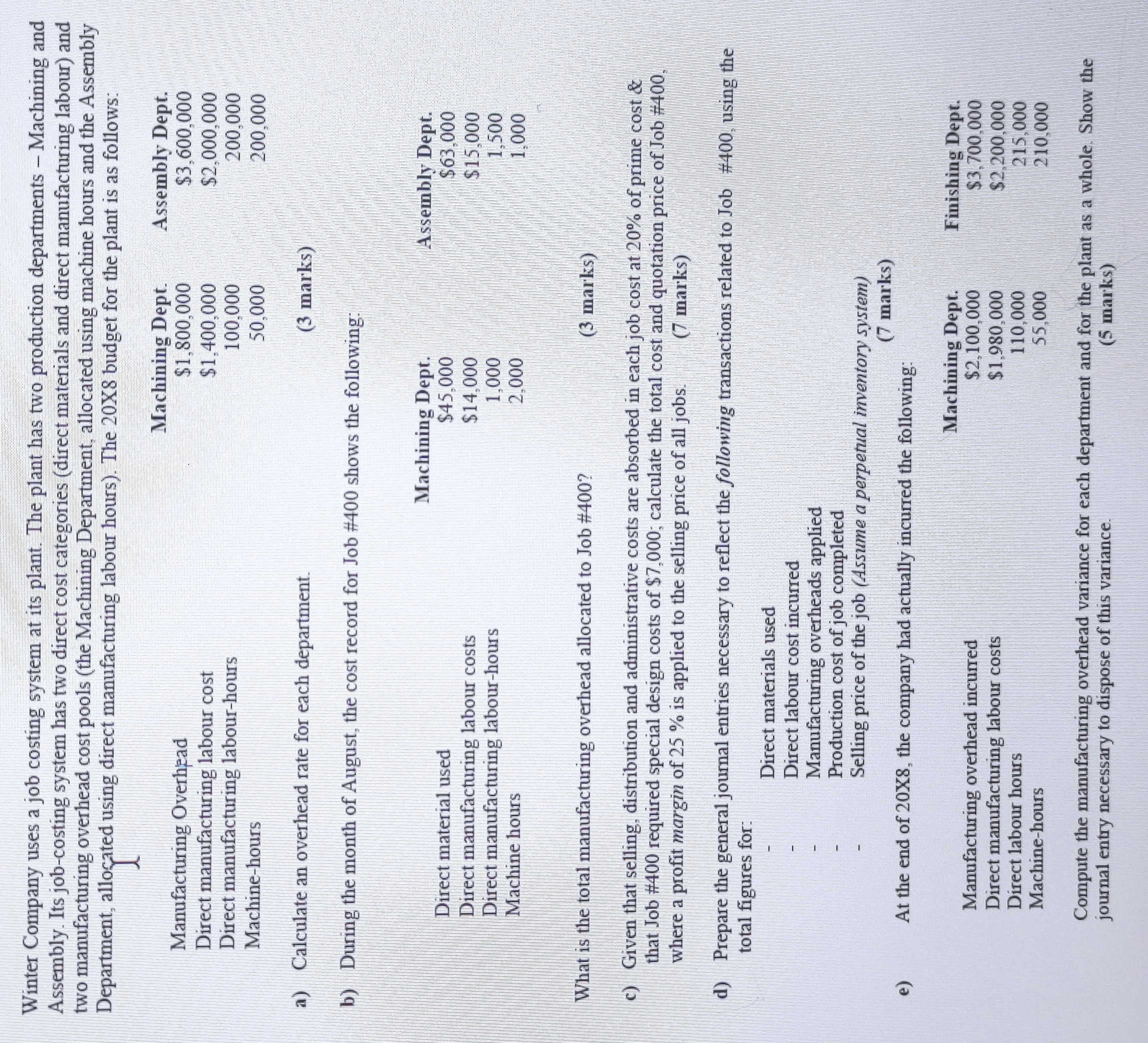 Winter Company uses a job costing system at its plant. The plant has two production departments - Machining and
Assembly. Its job-costing system has two direct cost categories (direct materials and direct manufacturing labour) and
two manufacturing overhead cost pools (the Machining Department, allocated using machine hours and the Assembly
Department, alloçated using direct manufacturing labour hours). The 20X8 budget for the plant is as follows:
