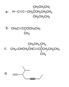 a. H-C=C-CH₂CCH₂CH₂CH₂
CH₂CH₂CH3
CH₂CH₂CH3
b. CH₂C=CCCICH₂CH3
CH3
C.
d.
CH₂CH₂ CH3
CH₂=CHCH₂CHC=CCCH₂CH₂CH₂
CH₂