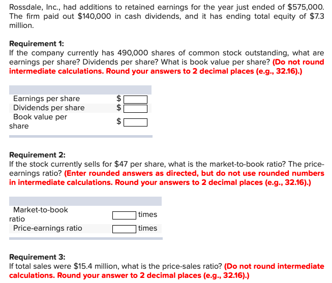 Rossdale, Inc., had additions to retained earnings for the year just ended of $575,000.
The firm paid out $140,000 in cash dividends, and it has ending total equity of $7.3
million.
Requirement 1:
If the company currently has 490,000 shares of common stock outstanding, what are
earnings per share? Dividends per share? What is book value per share? (Do not round
intermediate calculations. Round your answers to 2 decimal places (e.g., 32.16).)
Earnings per share
Dividends per share
Book value per
share
Requirement 2:
If the stock currently sells for $47 per share, what is the market-to-book ratio? The price-
earnings ratio? (Enter rounded answers as directed, but do not use rounded numbers
in intermediate calculations. Round your answers to 2 decimal places (e.g., 32.16).)
Market-to-book
|times
ratio
Price-earnings ratio
| times
Requirement 3:
If total sales were $15.4 million, what is the price-sales ratio? (Do not round intermediate
calculations. Round your answer to 2 decimal places (e.g., 32.16).)
EA
