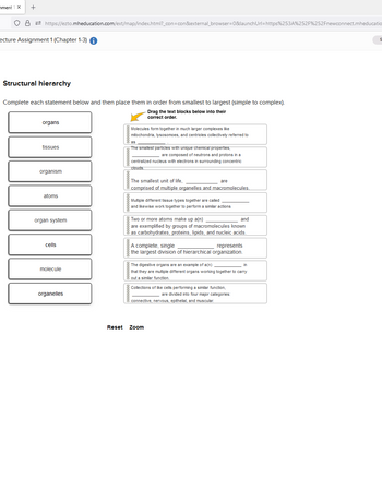 nment 1 X
+
O8 https://ezto.mheducation.com/ext/map/index.html?_con=con&external_browser=0&launch Url=https%253A%252F%252Fnewconnect.mheducatio
ecture Assignment 1 (Chapter 1-3) i
Structural hierarchy
Complete each statement below and then place them in order from smallest to largest (simple to complex).
Drag the text blocks below into their
correct order.
organs
tissues
organism
atoms
organ system
cells
molecule
organelles
Molecules form together in much larger complexes like
mitochondria, lysosomoes, and centrioles collectively referred to
as
The smallest particles with unique chemical properties,
are composed of neutrons and protons in a
centralized nucleus with electrons in surrounding concentric
clouds.
The smallest unit of life,
are
comprised of multiple organelles and macromolecules
Multiple different tissue types together are called
and likewise work together to perform a similar actions
Two or more atoms make up a(n)
and
are exemplified by groups of macromolecules known
as carbohydrates, proteins, lipids, and nucleic acids.
A complete, single
represents
the largest division of hierarchical organization.
The digestive organs are an example of a(n)
in
that they are multiple different organs working together to carry
out a similar function.
Collections of like cells performing a similar function,
are divided into four major categories:
connective, nervous, epithelial, and muscular.
Reset Zoom
S