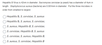 Hepatitis B Virus is 42nm in diameter. Sacromyces cervisiae (a yeast) has a diameter of 4um in
length. Staphylococcus aureus (bacteria) are 0.001mm in diameter. Put the three microbes in
order from smallest to largest.
Hepatitis B, S. cervisiae, S. aureus
Hepatitis B, S. aureus, S. cervisiae,
S. aureus, Hepatitis B, S. cervisiae,
S. cervisiae, Hepatitis B, S. aureus
S. cervisiae, S. aureus, Hepatitis B,
S. aureus, S. cervisiae, Hepatitis B