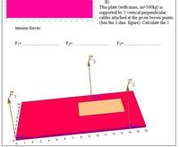 B)
This plate (with mass, m=500kg) is
supported by 3 vertical perpendicular
cables attached at the given brown points.
(See the 3-dim. figure). Calculate the 3
10
tension forces:
F1=.
F2=.
F;=
to 9)
15
16
12 13 14
6 7 8 9 10 11
1 2 3 4 5
2.
1
