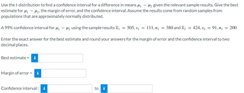 Use the t-distribution to find a confidence interval for a difference in means μ₁ - ₂ given the relevant sample results. Give the best
estimate for μ₁ - μ₂, the margin of error, and the confidence interval. Assume the results come from random samples from
populations that are approximately normally distributed.
A 99% confidence interval for μ₁ - ₂ using the sample results ₁ = 505, s₁ = 111, n₁ = 380 and ₂ = 424, s₂ = 91, n₂ = 200
Enter the exact answer for the best estimate and round your answers for the margin of error and the confidence interval to two
decimal places.
Best estimate i
Margin of error = i
Confidence interval: i
to i