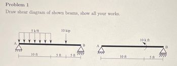 Problem 1
Draw shear diagram of shown beams, show all your works.
A
5 k/ft
10 ft
5 ft
10 kip
5 ft
+
B
A
10 ft
10 k.ft
5 ft
50000