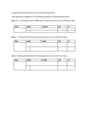 Prepare general journal entries to record these transactions.
Fido Corporation engaged in the following transactions involving treasury stock:
a)Jan. 10 Purchased for cash 15,000 share of treasury stock at a price of $20 per share.
Date
Debit
Credit
Db
Cr
b)July. 5 Reissued 4,500 shares of treasury stock at a price of $25 per share.
Date
Debit
Credit
Db
Cr
c)Nov. 12 Reissued 5,500 shares of treasury stock at a price of $17 per share
Date
Debit
Credit
Db
Cr
